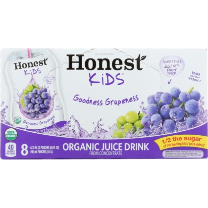 HONEST: Kids Organic Juice Drink Goodness Grapeness, Gluten Free, Non GMO, 8 Count, 54 Oz